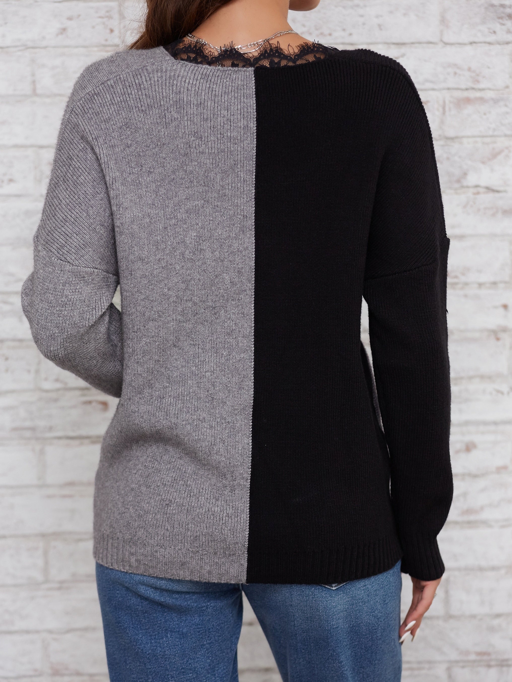 Contrast Lace Block Knit Sweater V-Neck Long Sleeve Casual Pullover