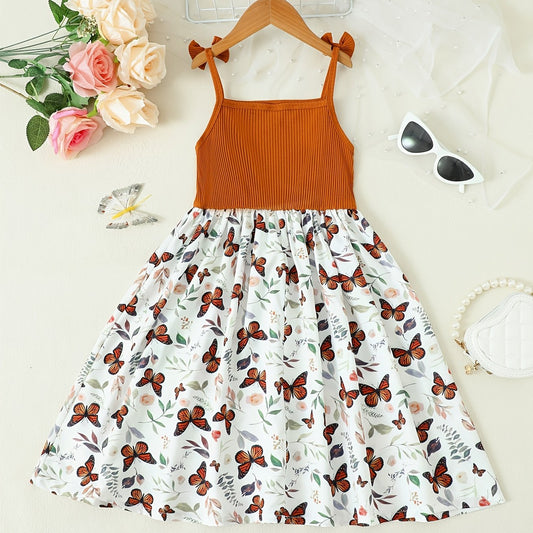Girls Butterfly Graphic Bow Shoulder Splicing Cami Dress for Party Holiday