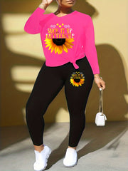 Sunflower & Art Letter Print Top & Leggings Set
