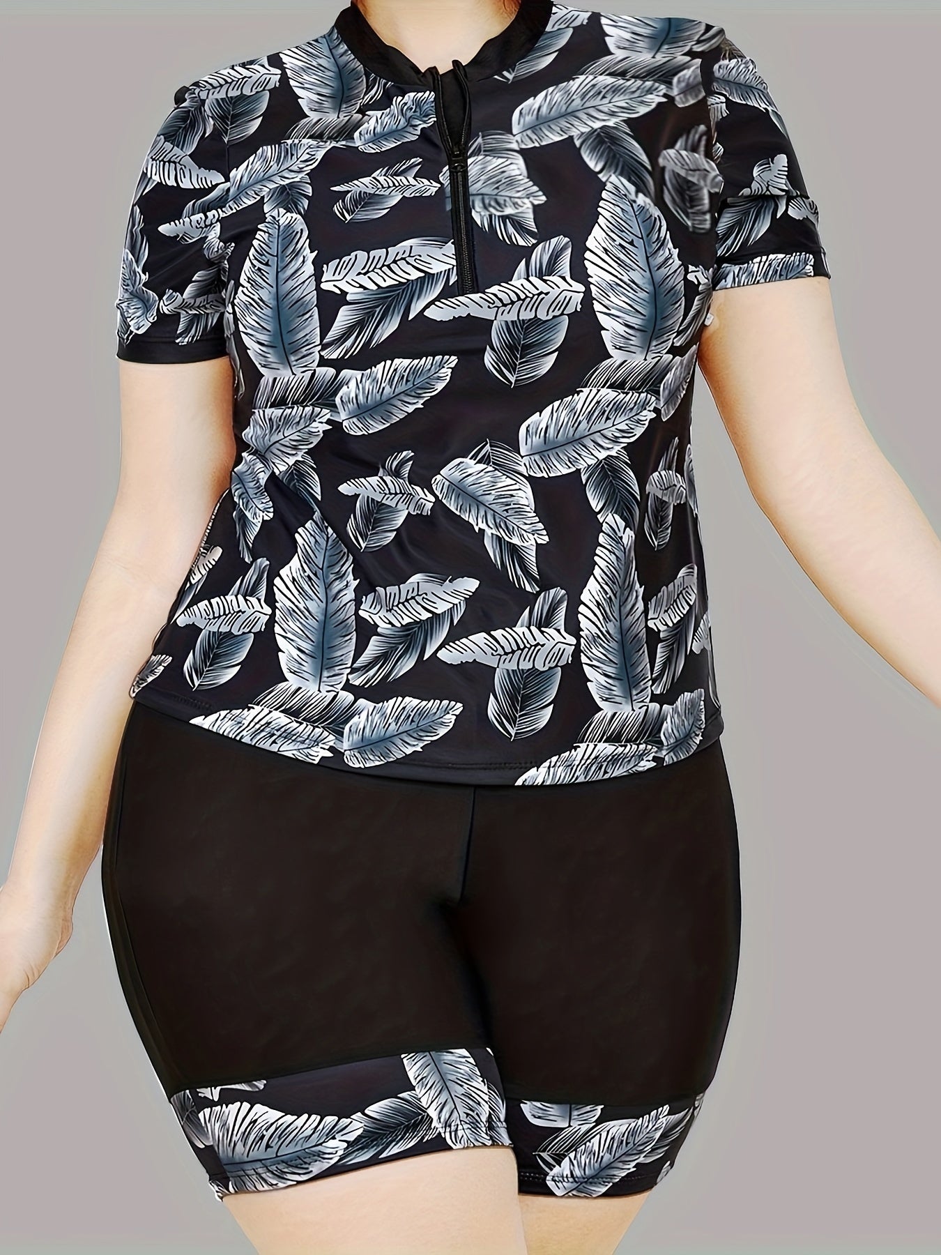 Leaf Print Zip Up Tankini Set