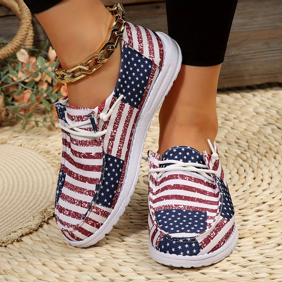 Women's Patriotic Boat Shoes Summer Canvas Lace Up Casual Flat Shoes