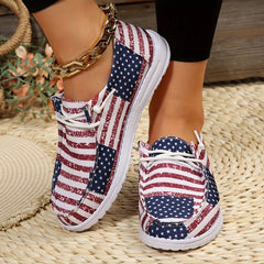 Women's Patriotic Boat Shoes Summer Canvas Lace Up Casual Flat Shoes