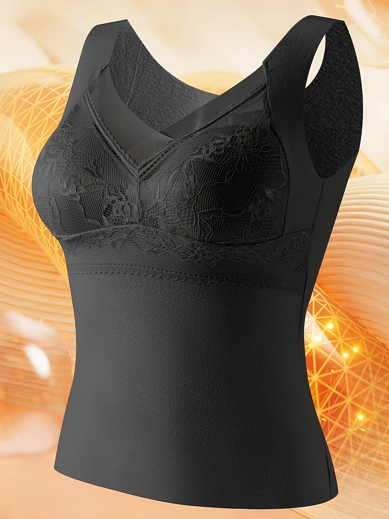 2pcs Lace Thermal Underwear Soft V Neck Sleeveless Top Women's Lingerie