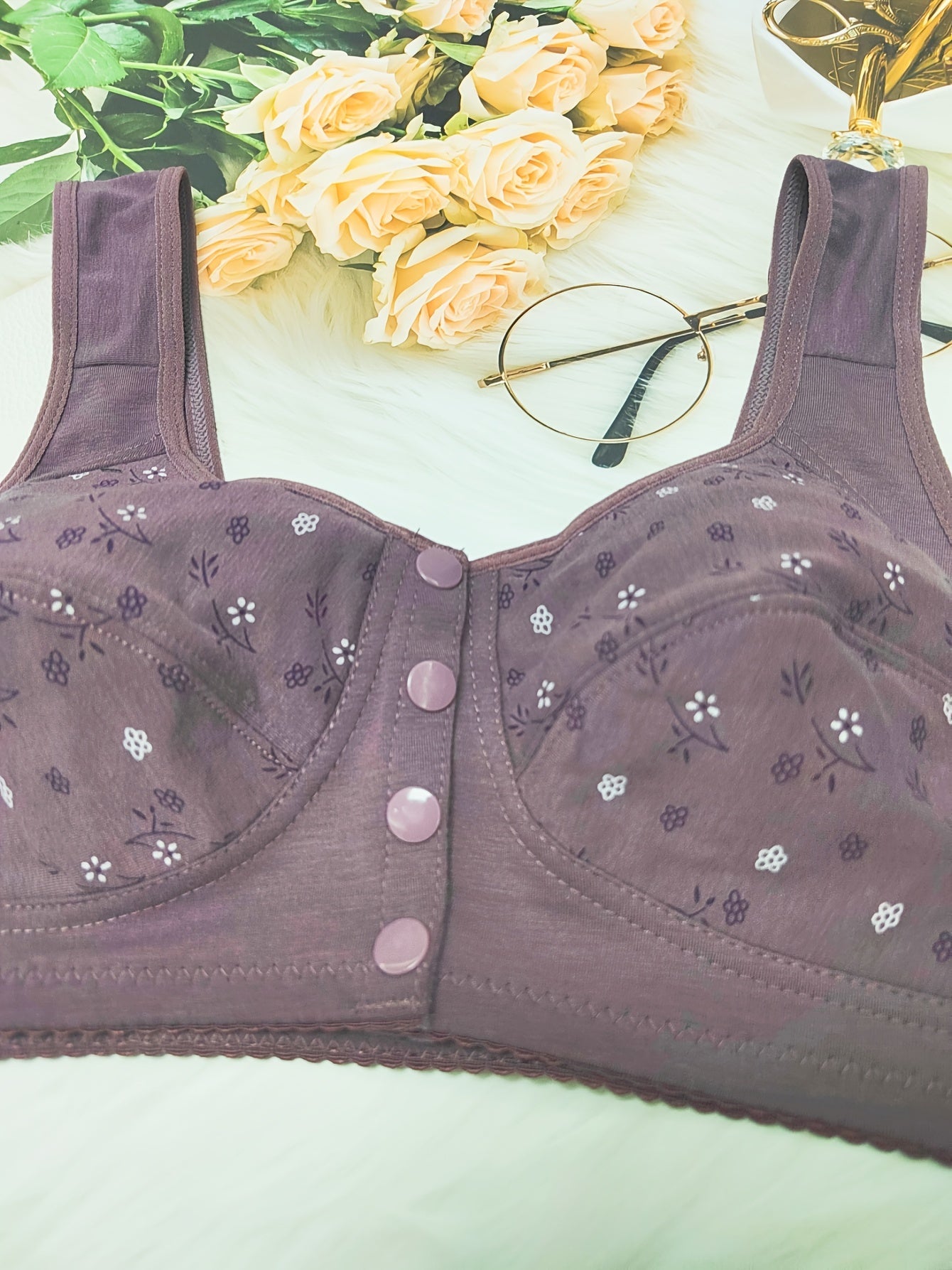 Floral Print Front Buckle Bra Wireless