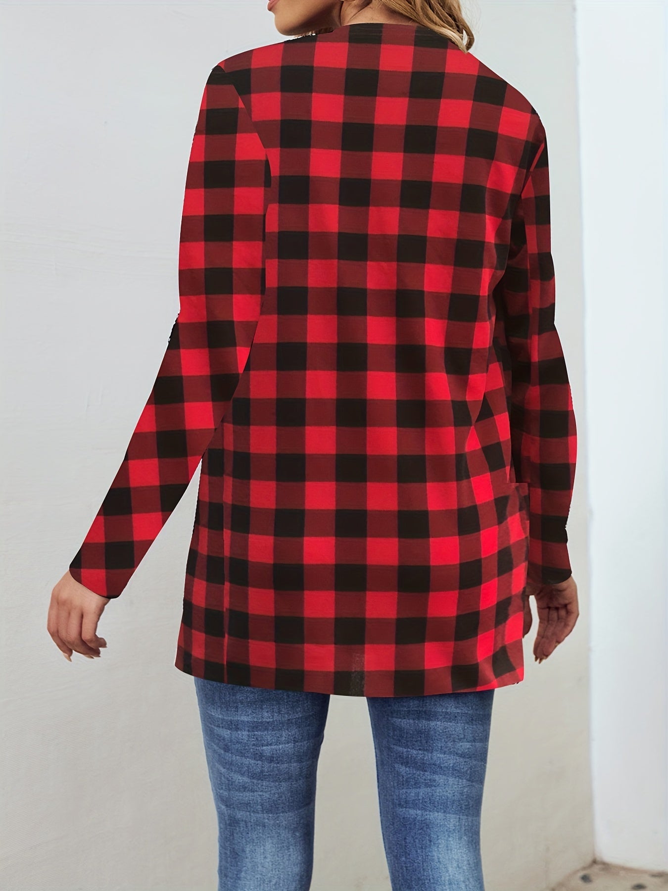 Plaid Crew Neck Jacket Casual Open Front Long Sleeve Jacket