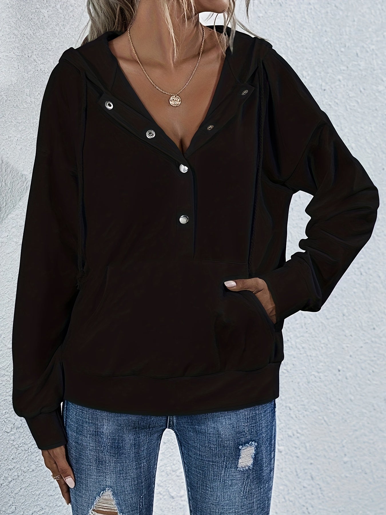 Solid Half Button Kangaroo Pocket Hoodie