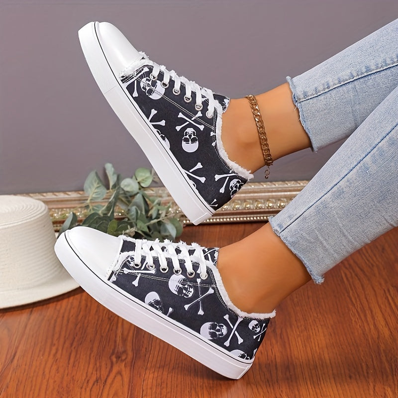 Women's Skull Print Canvas Shoes Low Top Lace Up Round Toe Sneakers