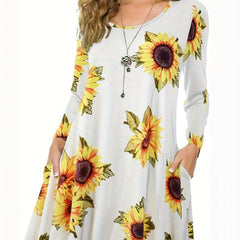 Women's Plus Sunflower Print Long Sleeve Round Neck Loose Fit Dress