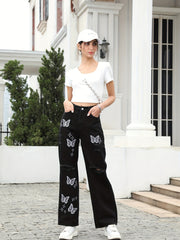 Butterfly Print Ripped Straight Jeans High Waist Distressed Denim Pants