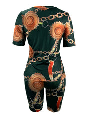 Chain Print Casual Two piece Set Crew Neck Short Sleeve T shirt & Bodycon Shorts