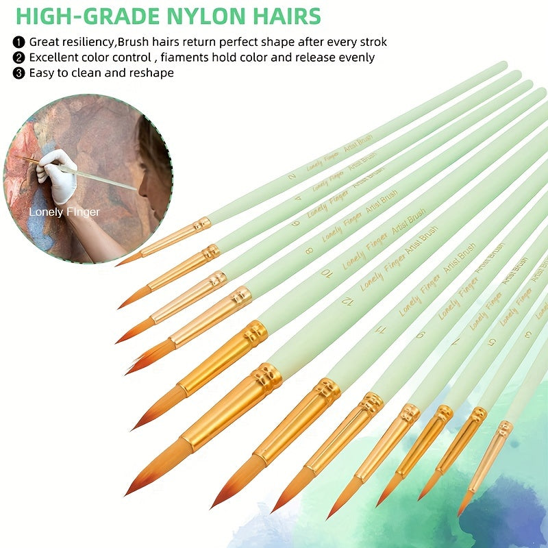 12Pcs Artist Paint Brushes Set - Round Pointed Tip Nylon Hair