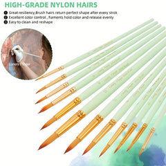12Pcs Artist Paint Brushes Set - Round Pointed Tip Nylon Hair