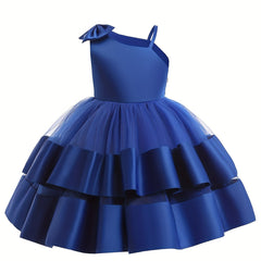 Girls Satin Stitch Tulle Princess Dress with Bow - Special Occasions