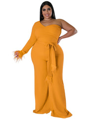 Solid Tassel Trim One Shoulder Jumpsuit Plus Size
