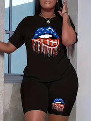 Women's Plus Flag Lip Print Crew Neck Short Sleeve Top & Shorts Outfit Set