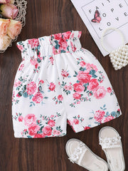 Girls Boho Floral Paper Bag Waist Casual Shorts