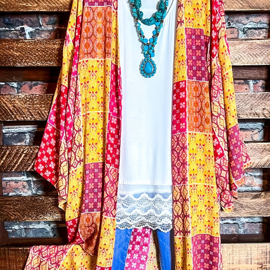 Colorblock Geometric Print Long Sleeve Cardigan