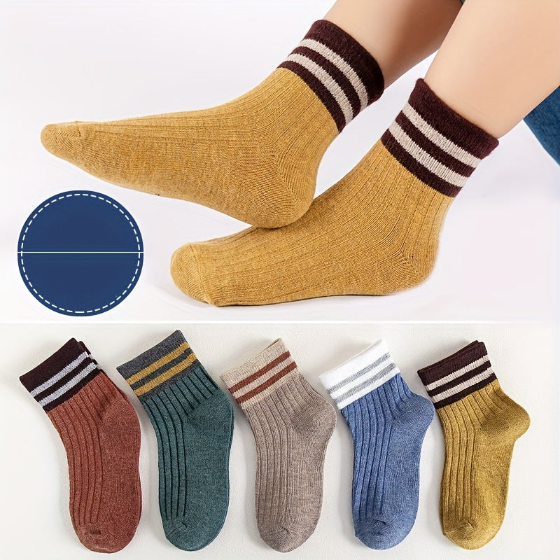 5 Pairs Striped Knitted Crew Socks for Girls