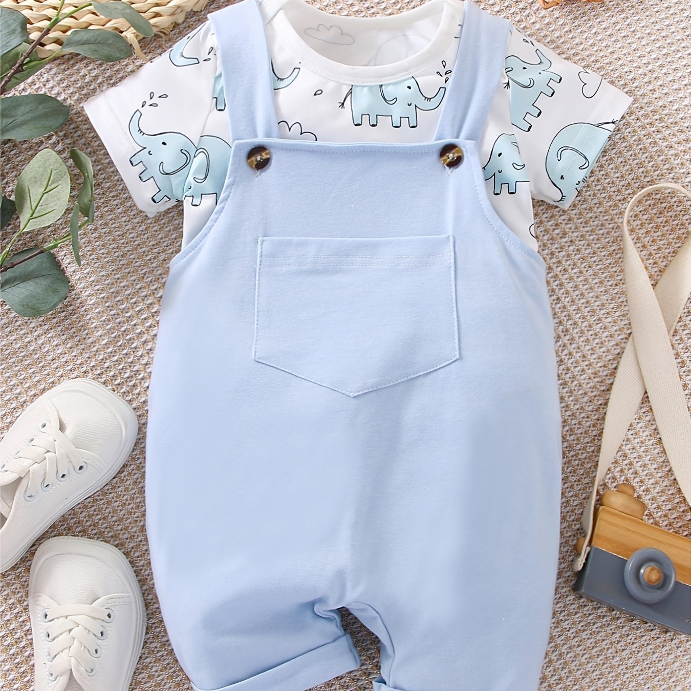 Baby Boys Elephant Print Romper & Overall Pants Set