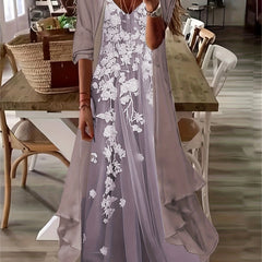 Two Piece Dress Set Cover Up & Floral Print Dress Women's Clothing