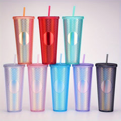 650ml Double Wall Plastic Coffee Cup with Straw Tumbler Mug Rivet Design