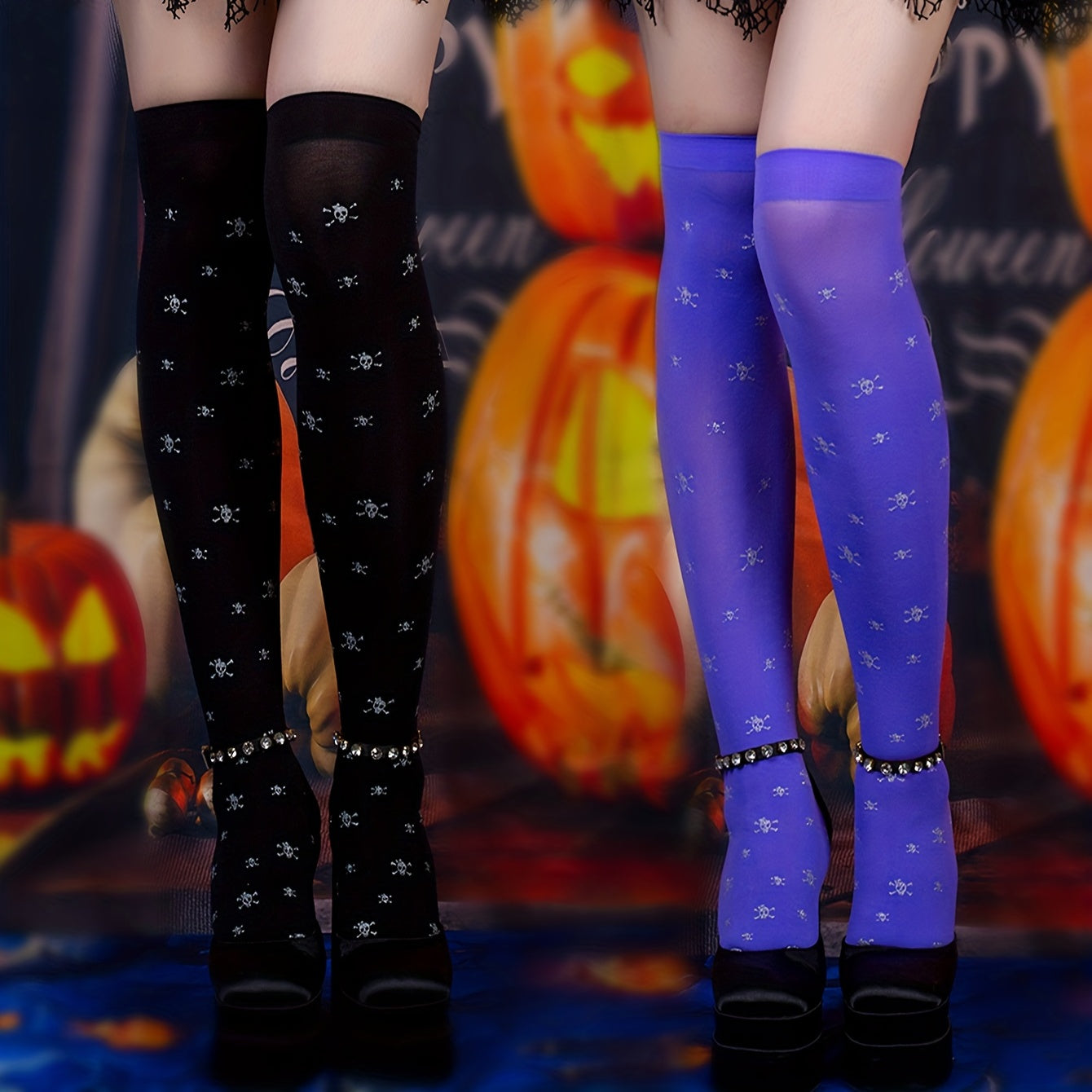 Skull Thigh High Halloween Socks Over The Knee Stockings