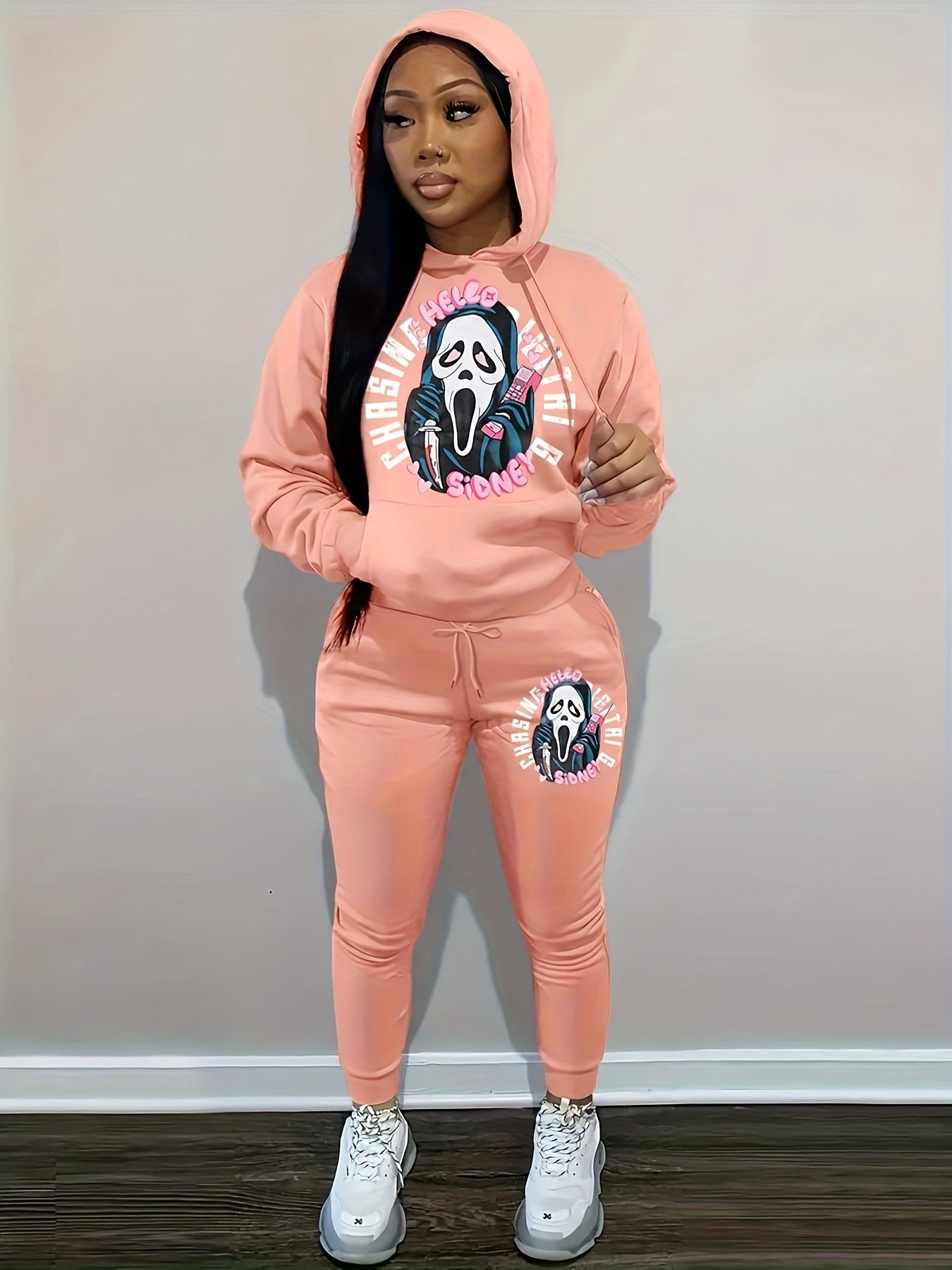 Plus Size Grim Reaper Print Hoodie & Joggers Set