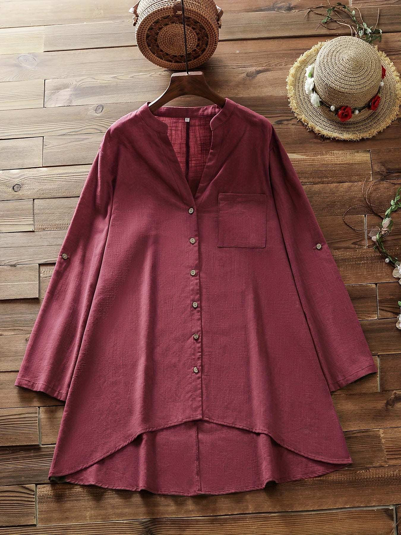 Casual Blouse Women's Plus Plain V Neck Button Up