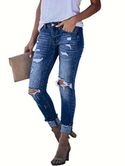 Distressed High Stretch Skinny Jeans Mid Waist Denim Trousers