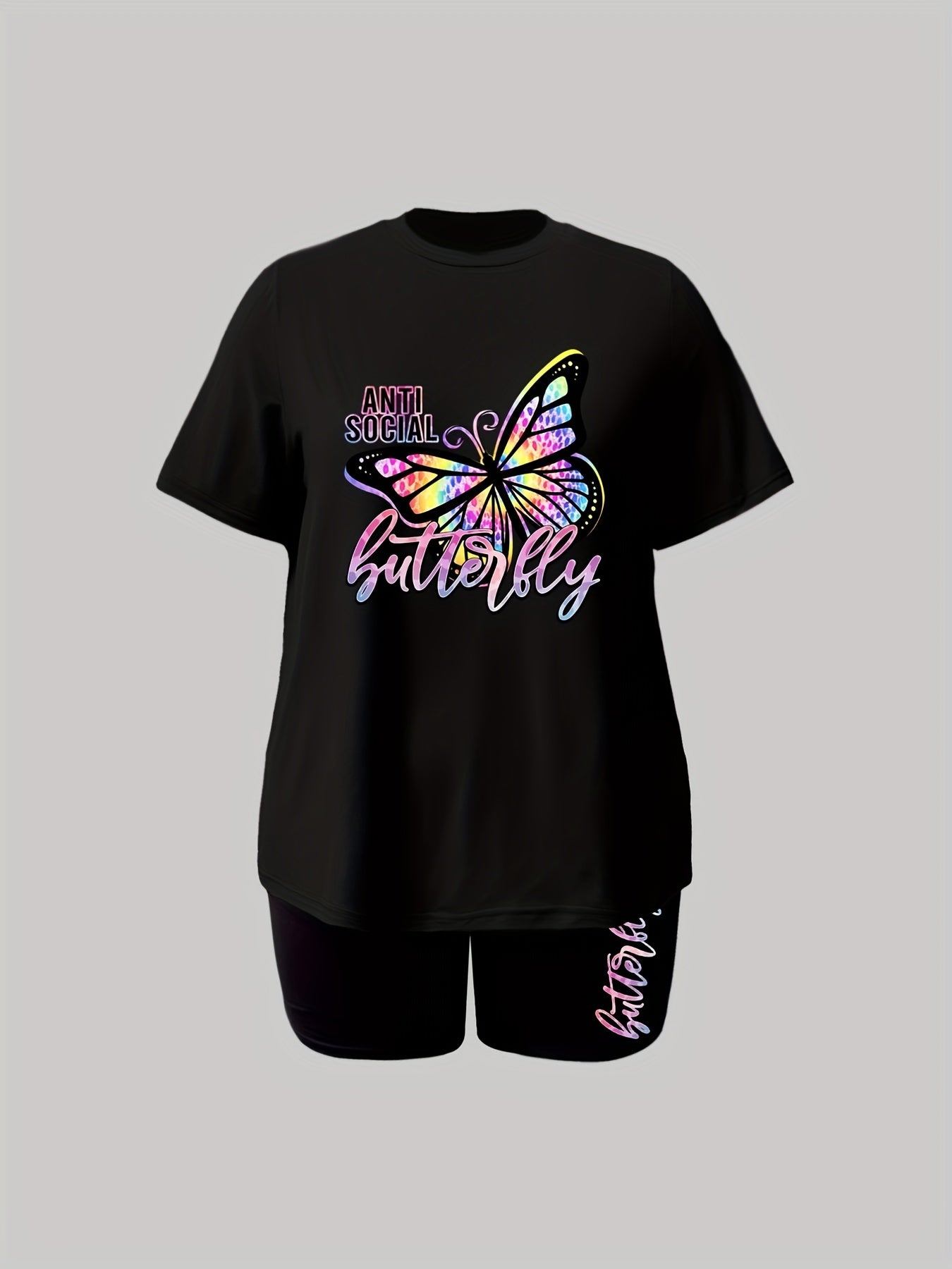 Plus Butterfly & Letter Print Tee & Shorts 2 Piece Set