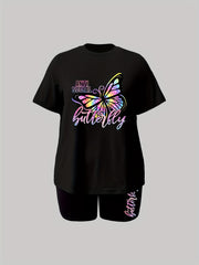 Plus Butterfly & Letter Print Tee & Shorts 2 Piece Set
