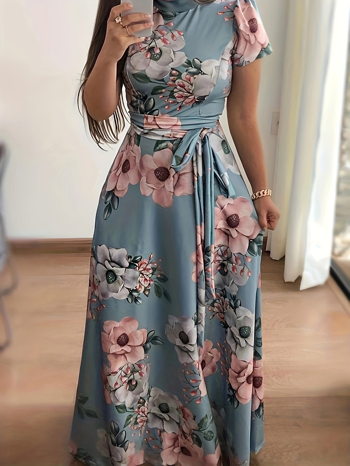 Vintage Floral Maxi Dress High Waist Short Sleeve