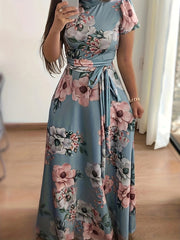 Vintage Floral Maxi Dress High Waist Short Sleeve