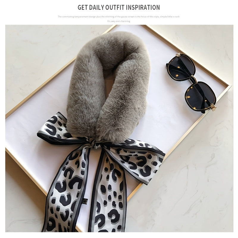 Leopard Scarf Ribbons Faux Fur Winter Wrap Collar Scarf