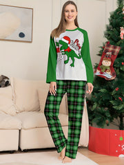 Dino Print Pajama Set Christmas Crew Neck Top & Plaid Pants Women's Sleepwear
