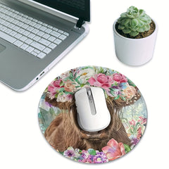 Floral Highland Cow Mouse Pad Round Mouse Mat Non Slip Rubber Base