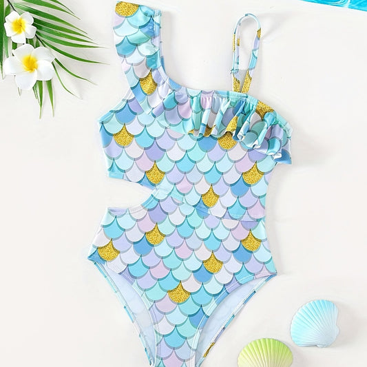 Girl's Waist Cutout Onesie Swimsuit Ruffle Decor Tankini