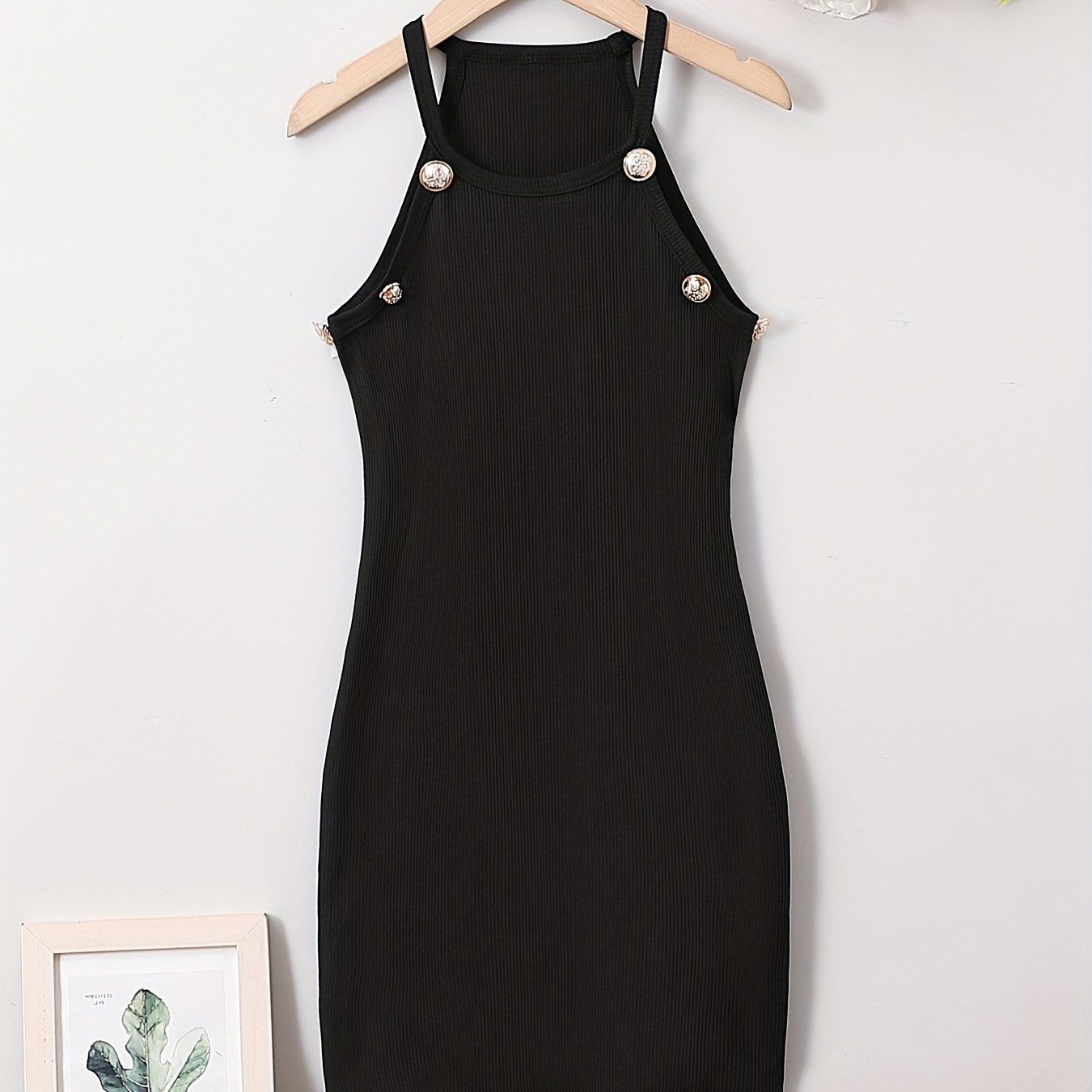 Teen Girls Halter Bodycon Dress Slim Fit Ribbed Button Detail