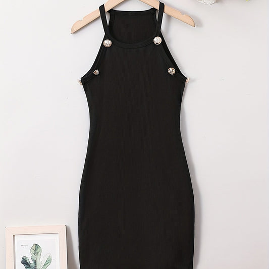 Teen Girls Halter Bodycon Dress Slim Fit Ribbed Button Detail