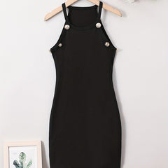 Teen Girls Halter Bodycon Dress Slim Fit Ribbed Button Detail