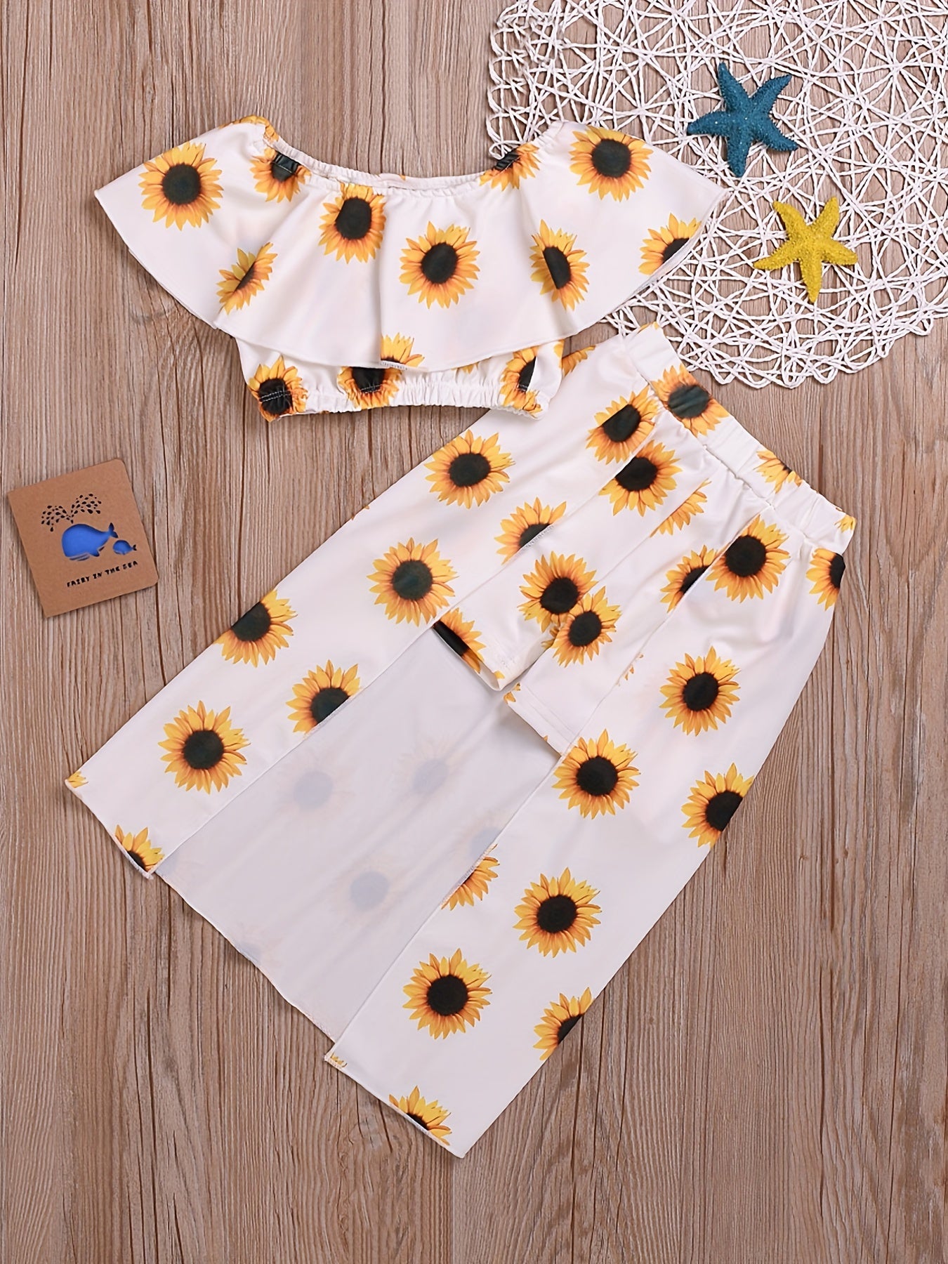 2pcs Toddler Girls Sunflower Suit Ruffle Crop Top & Irregular Skirt Set