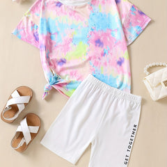2 Pcs Girls Tie Dye Shorts Set Short Sleeve T shirt & Leggings