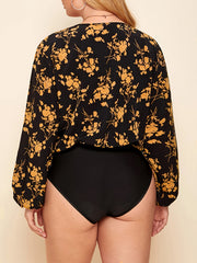 Colorblock Floral Print Lantern Sleeve Bodysuit