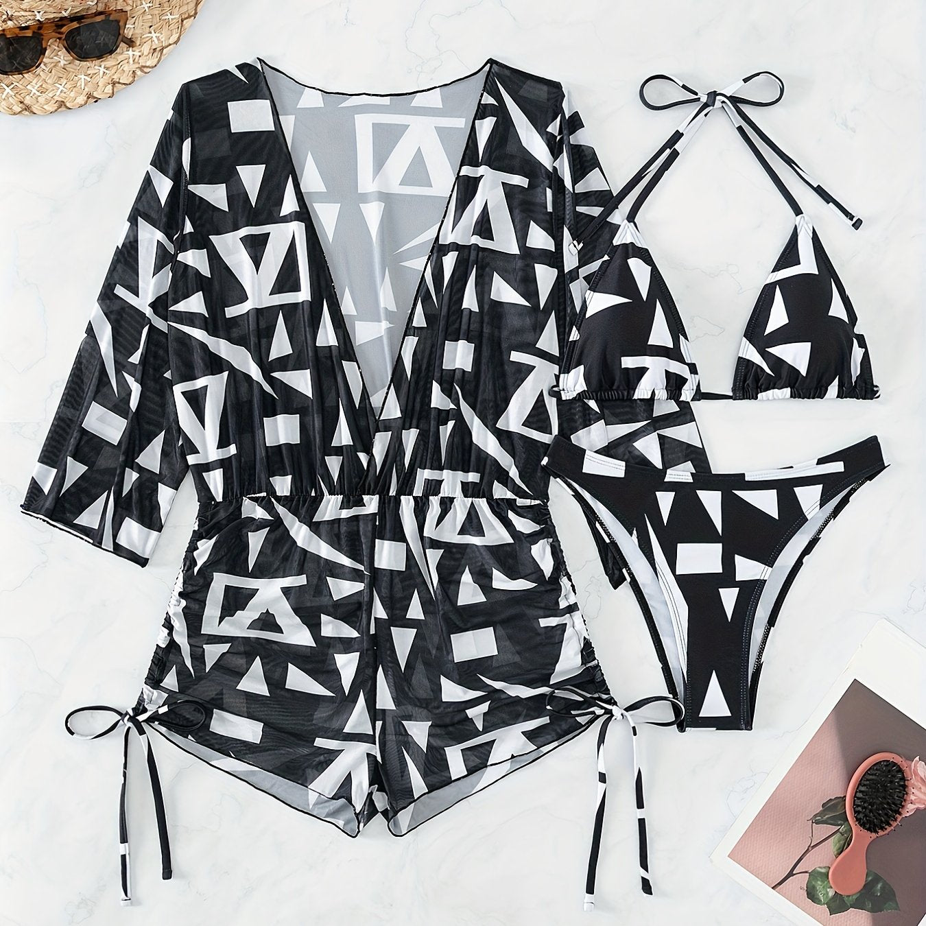 Geometric Print Bikini Sets Halter V-Neck High Cut Drawstring Cover Up Swimsuit