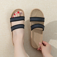 Women's Double Braided Straps Sandals Slip On Flat Linen Sole Non slip Shoes