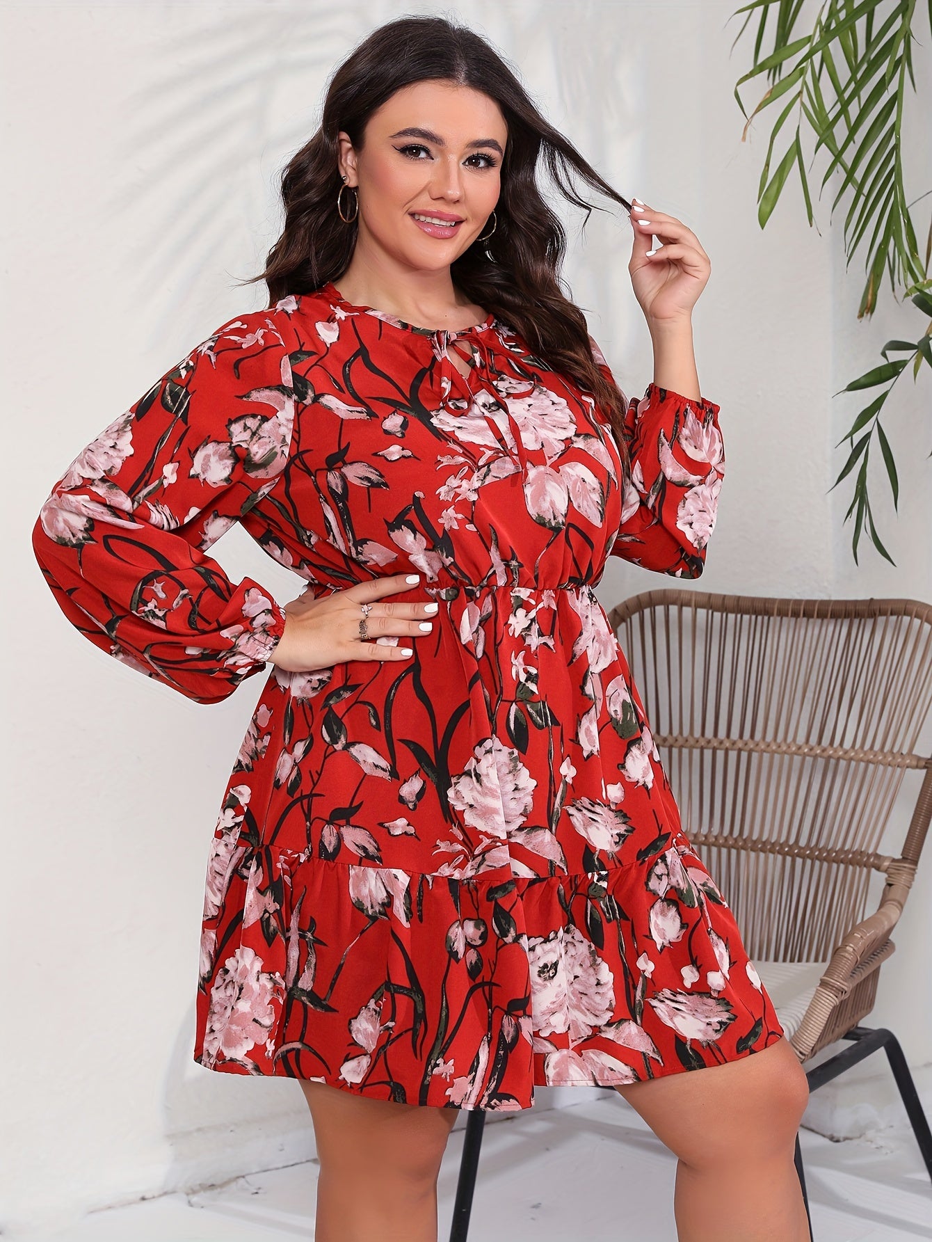 Floral Print Long Sleeve Round Neck Mini Keyhole Tie Dress