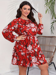 Floral Print Long Sleeve Round Neck Mini Keyhole Tie Dress