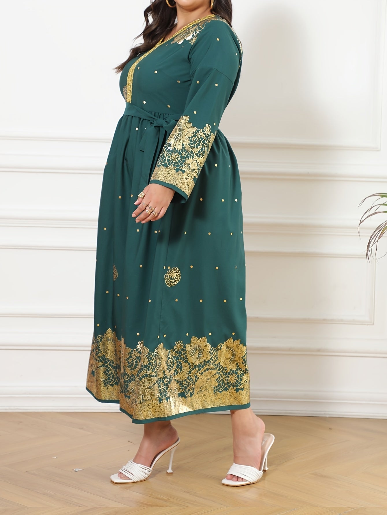 Abaya Dress Women's Plus Golden Floral Print Long Sleeve