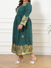 Abaya Dress Women's Plus Golden Floral Print Long Sleeve