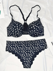 Heart Print Push Up Bra & Panties Lingerie Set